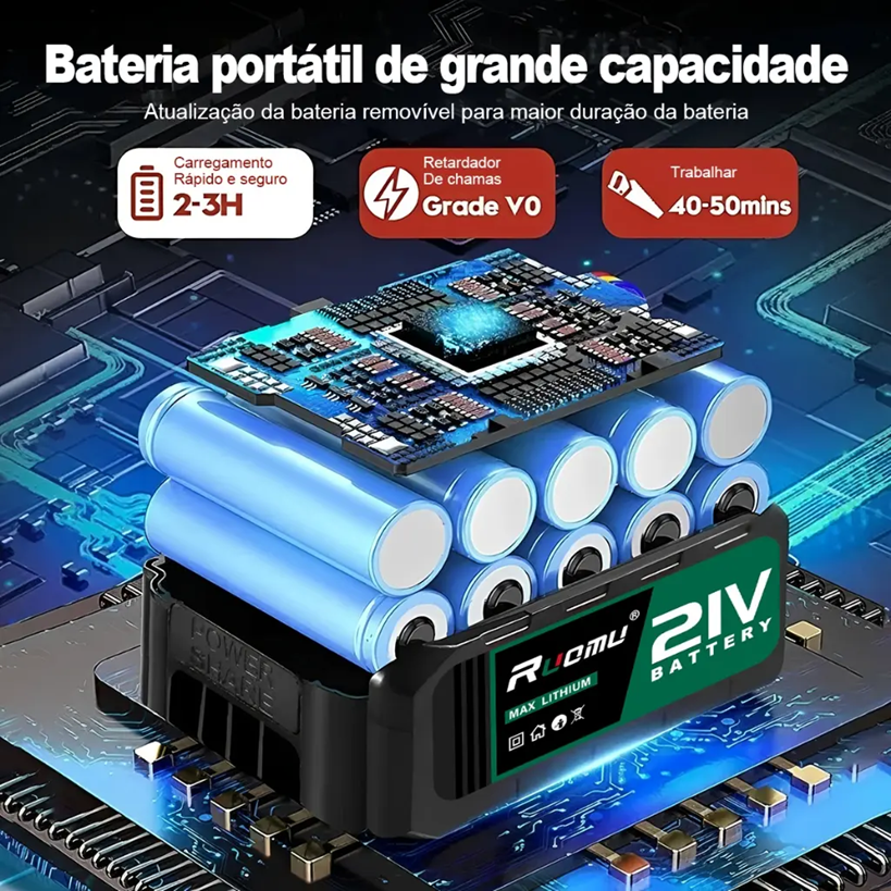 Motosserra Elétrica Recarregável 2 Baterias 21v 12 polegadas Ruomu