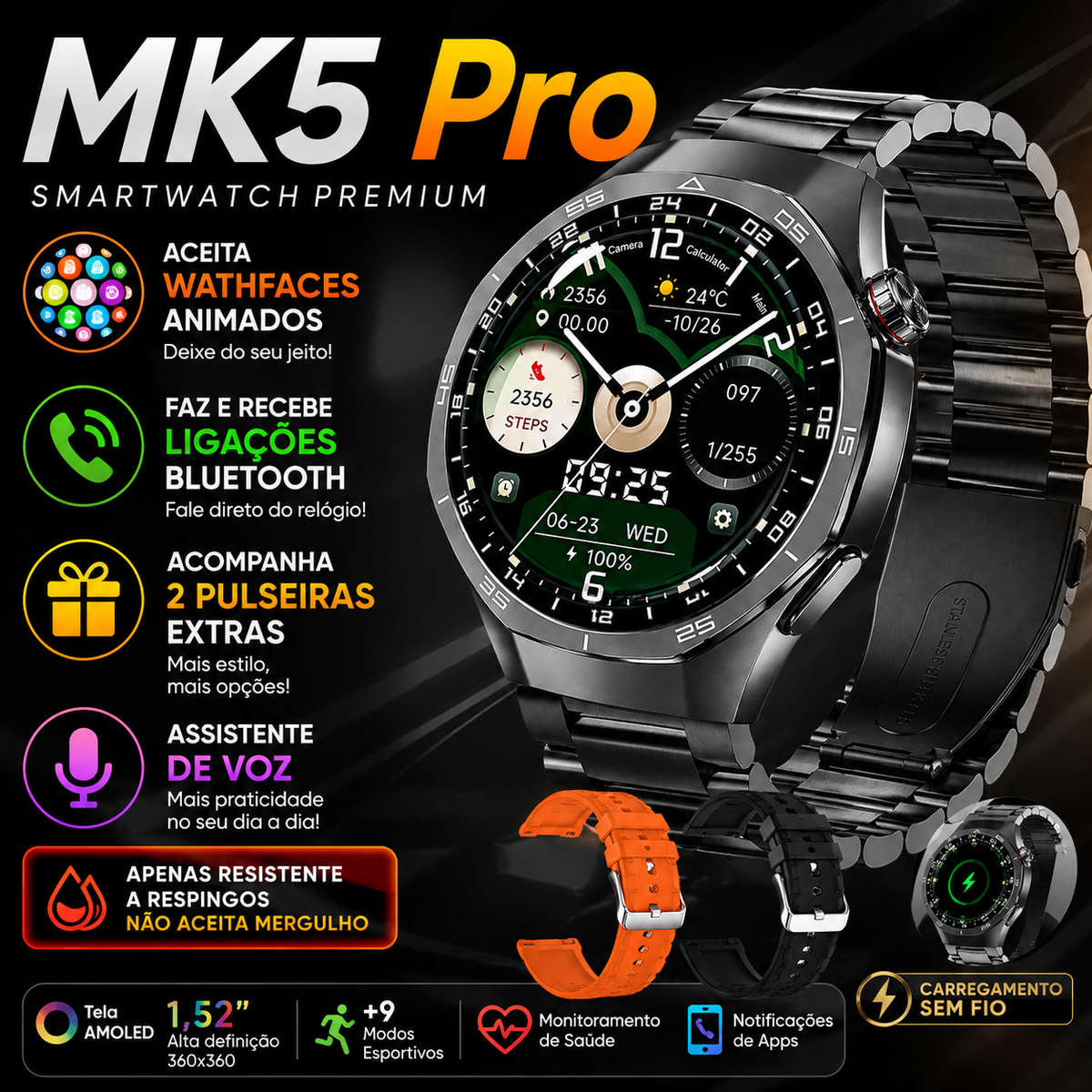 Smartwatch MK5 Pro Tela Amoled 1,52” com 3 Pulseiras