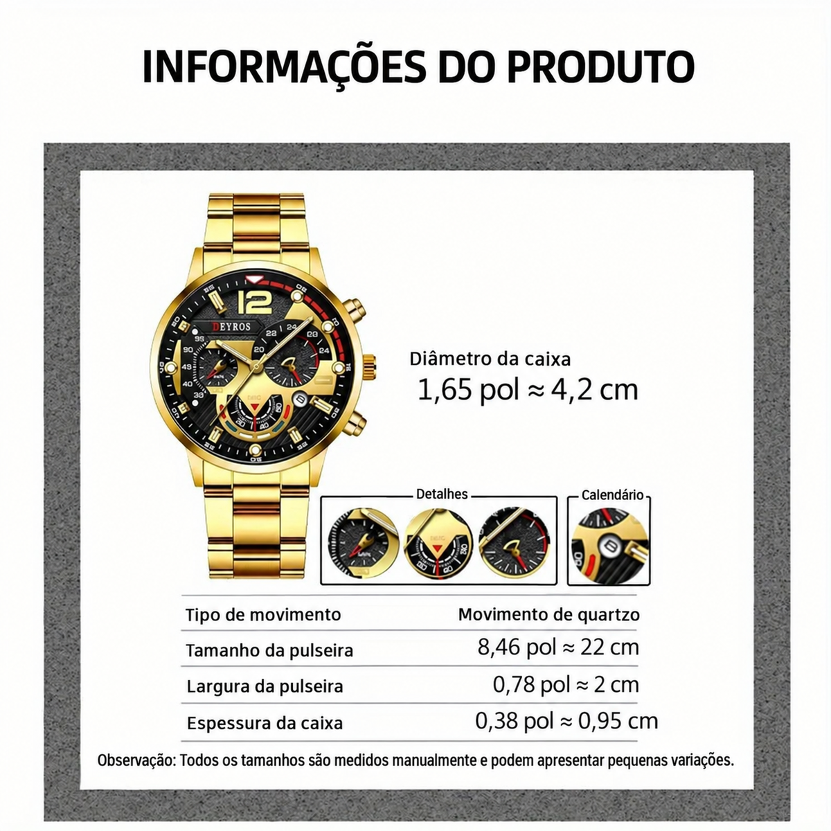 Kit Relógio Deyros + Cordão com Pingente Cruz + Bracelete