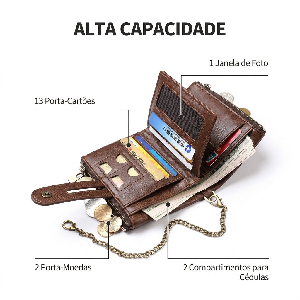 Carteira de Mão Jin em Couro Retrô com Corrente