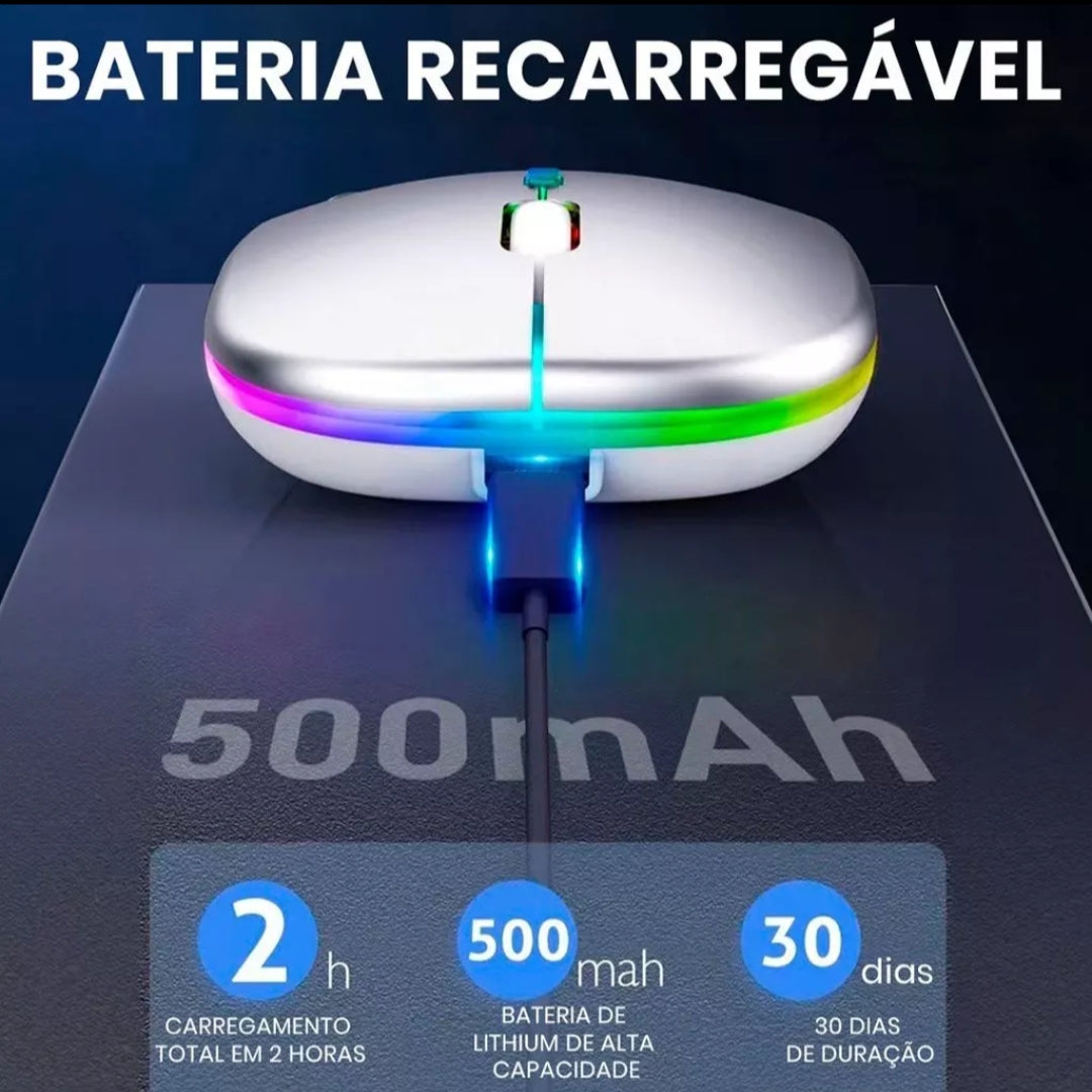 Mouse Sem Fio Recarregável RGB 2.4GHz com DPI Ajustável e Bateria 500mAh