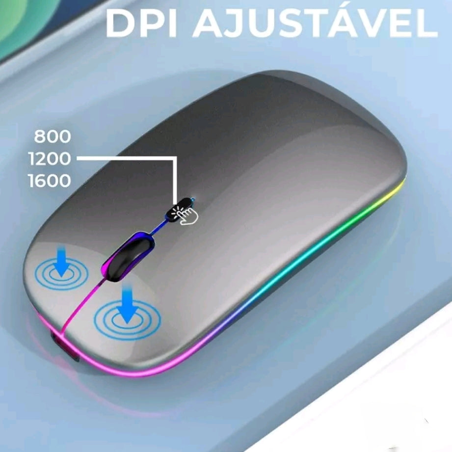 Mouse Sem Fio Recarregável RGB 2.4GHz com DPI Ajustável e Bateria 500mAh