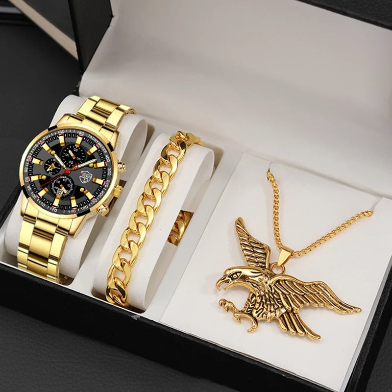 Kit Relógio Deyros + Cordão com Pingente Águia + Bracelete